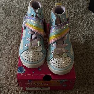 Skechers Twinkle Toes Girls' Light Blue Rainbow Sequin High-Top Sneakers